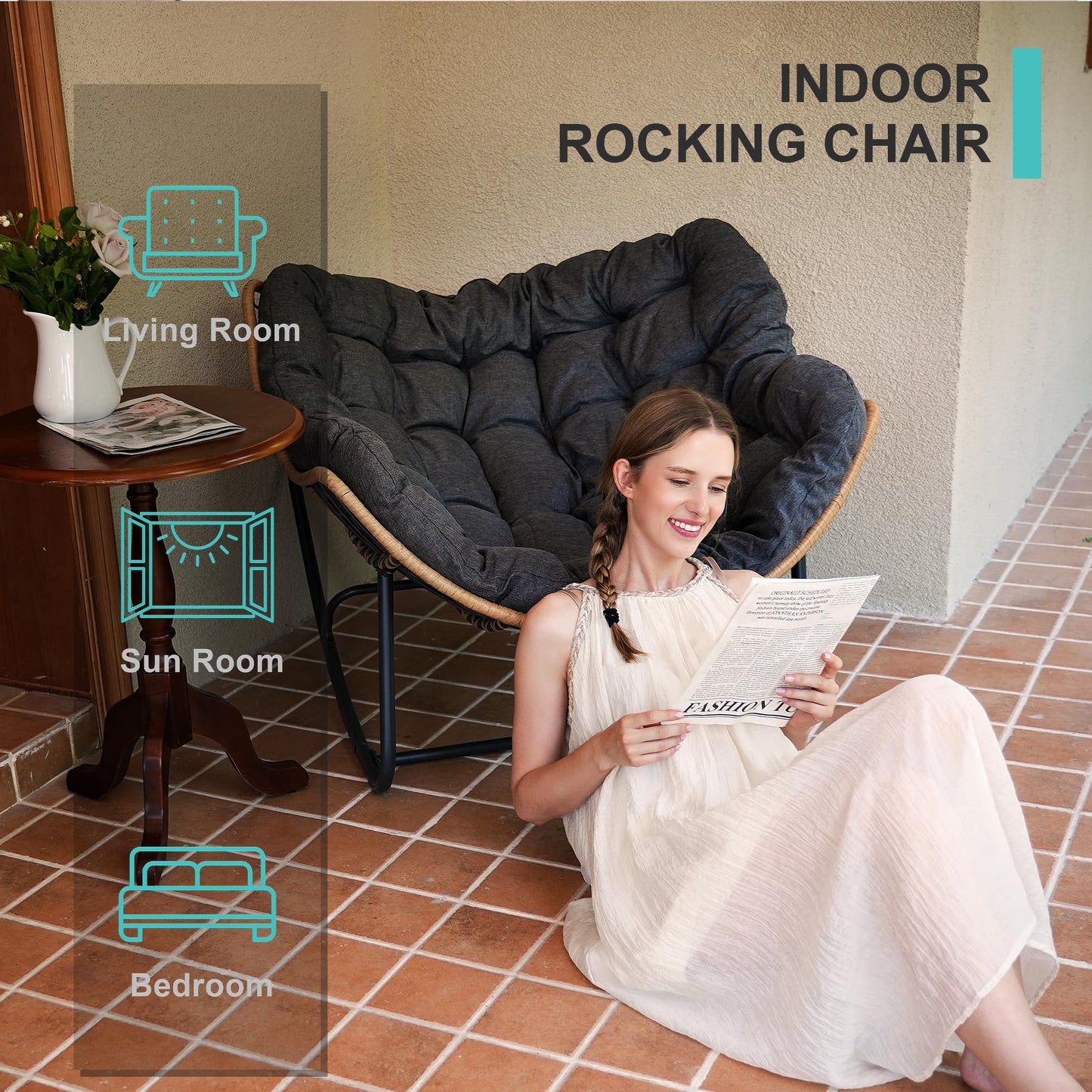 SWITTE Outdoor Rocking Egg Chair, Indoor Papasan, Rattan Wicker Lounge, Modern Royal for Bedroom, Living Room, Porch, Garden, Lawn - Dark Grey - CookCave