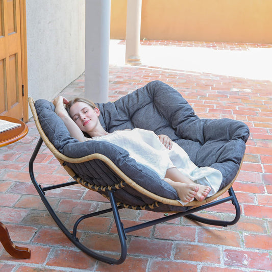SWITTE Outdoor Rocking Egg Chair, Indoor Papasan, Rattan Wicker Lounge, Modern Royal for Bedroom, Living Room, Porch, Garden, Lawn - Dark Grey - CookCave