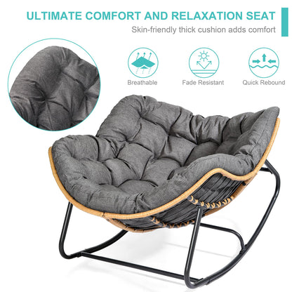 SWITTE Outdoor Rocking Egg Chair, Indoor Papasan, Rattan Wicker Lounge, Modern Royal for Bedroom, Living Room, Porch, Garden, Lawn - Dark Grey - CookCave