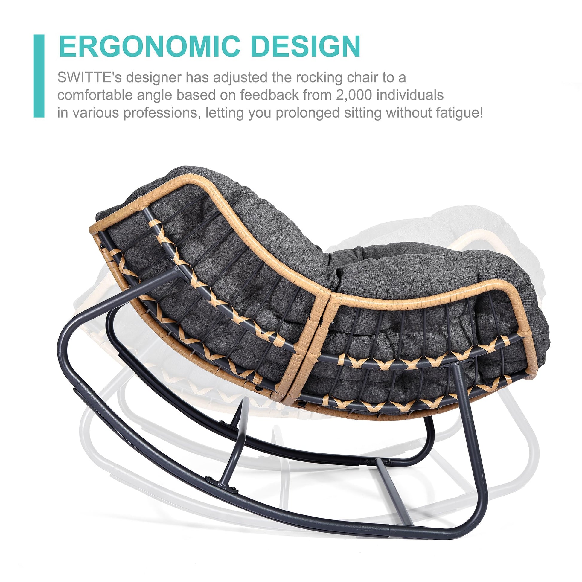 SWITTE Outdoor Rocking Egg Chair, Indoor Papasan, Rattan Wicker Lounge, Modern Royal for Bedroom, Living Room, Porch, Garden, Lawn - Dark Grey - CookCave