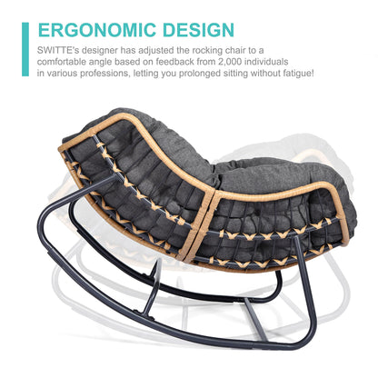SWITTE Outdoor Rocking Egg Chair, Indoor Papasan, Rattan Wicker Lounge, Modern Royal for Bedroom, Living Room, Porch, Garden, Lawn - Dark Grey - CookCave