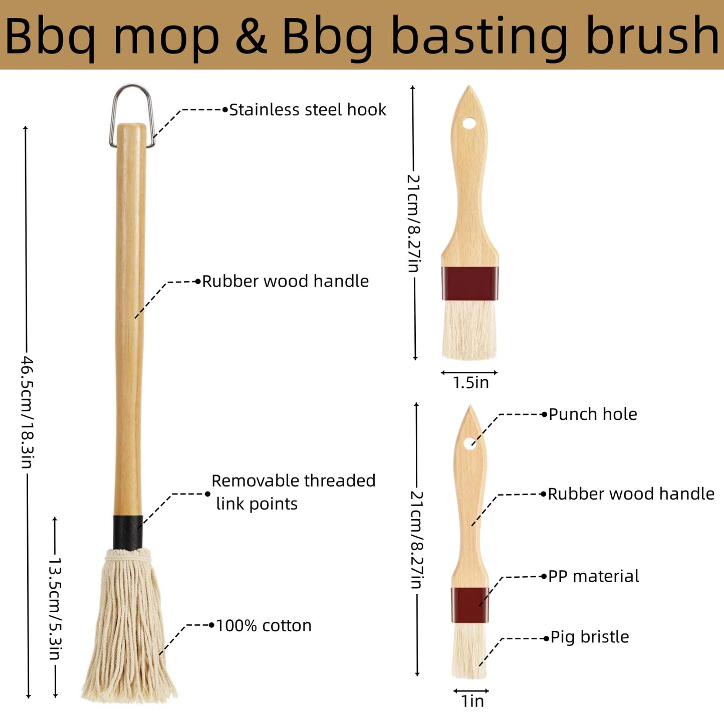 SWJLR 18.3" Removable Rubberwood Long Handle BBQ Mop 4 Pcs Pure Cotton Replacement Brush Heads 2 Pcs Food Grade Bristle BBQ Brush for Sauce Suitable for Grilling and Smoking Steaks - CookCave