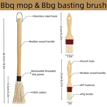 SWJLR 18.3" Removable Rubberwood Long Handle BBQ Mop 4 Pcs Pure Cotton Replacement Brush Heads 2 Pcs Food Grade Bristle BBQ Brush for Sauce Suitable for Grilling and Smoking Steaks - CookCave