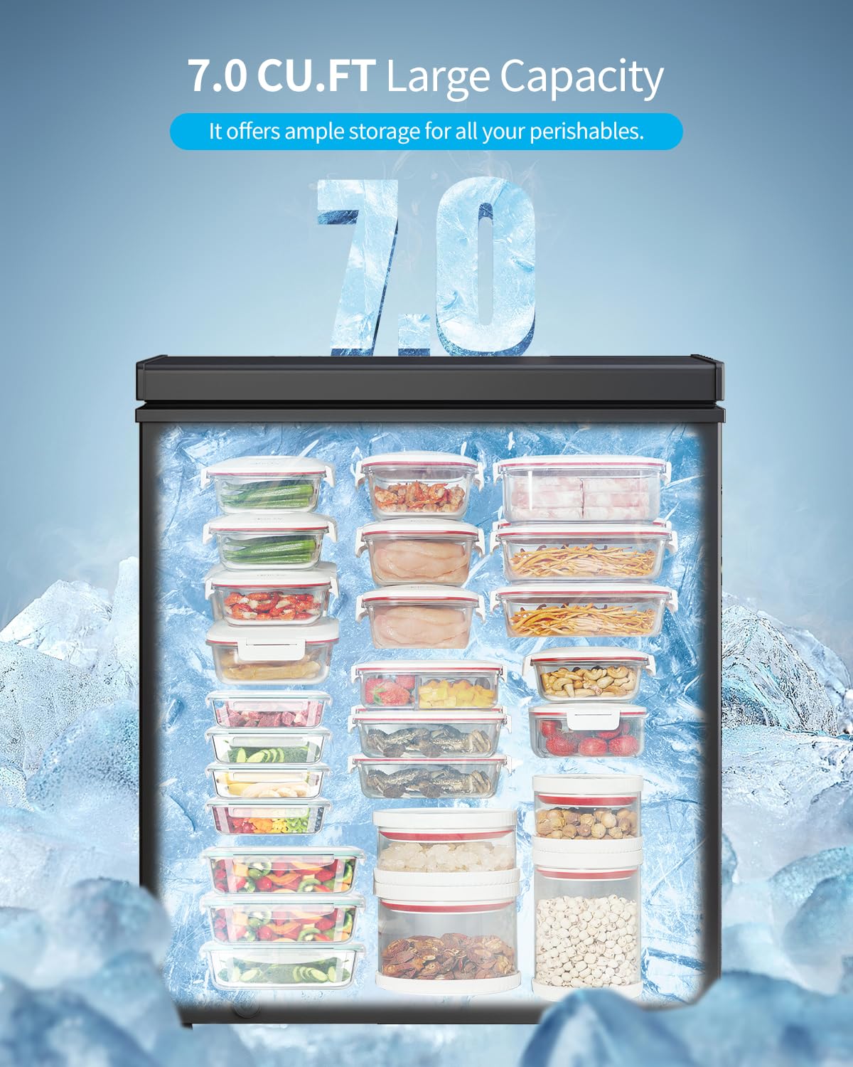 TABU 7.0 Cubic Feet Chest Freezer, Energy Saving Chest Deep Freezer with 7 Level Adjustable Thermostat, Top Opening Compact Freezer with Removable Storage Basket (Black) - CookCave