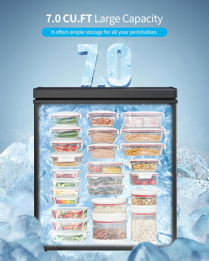 TABU 7.0 Cubic Feet Chest Freezer, Energy Saving Chest Deep Freezer with 7 Level Adjustable Thermostat, Top Opening Compact Freezer with Removable Storage Basket (Black) - CookCave