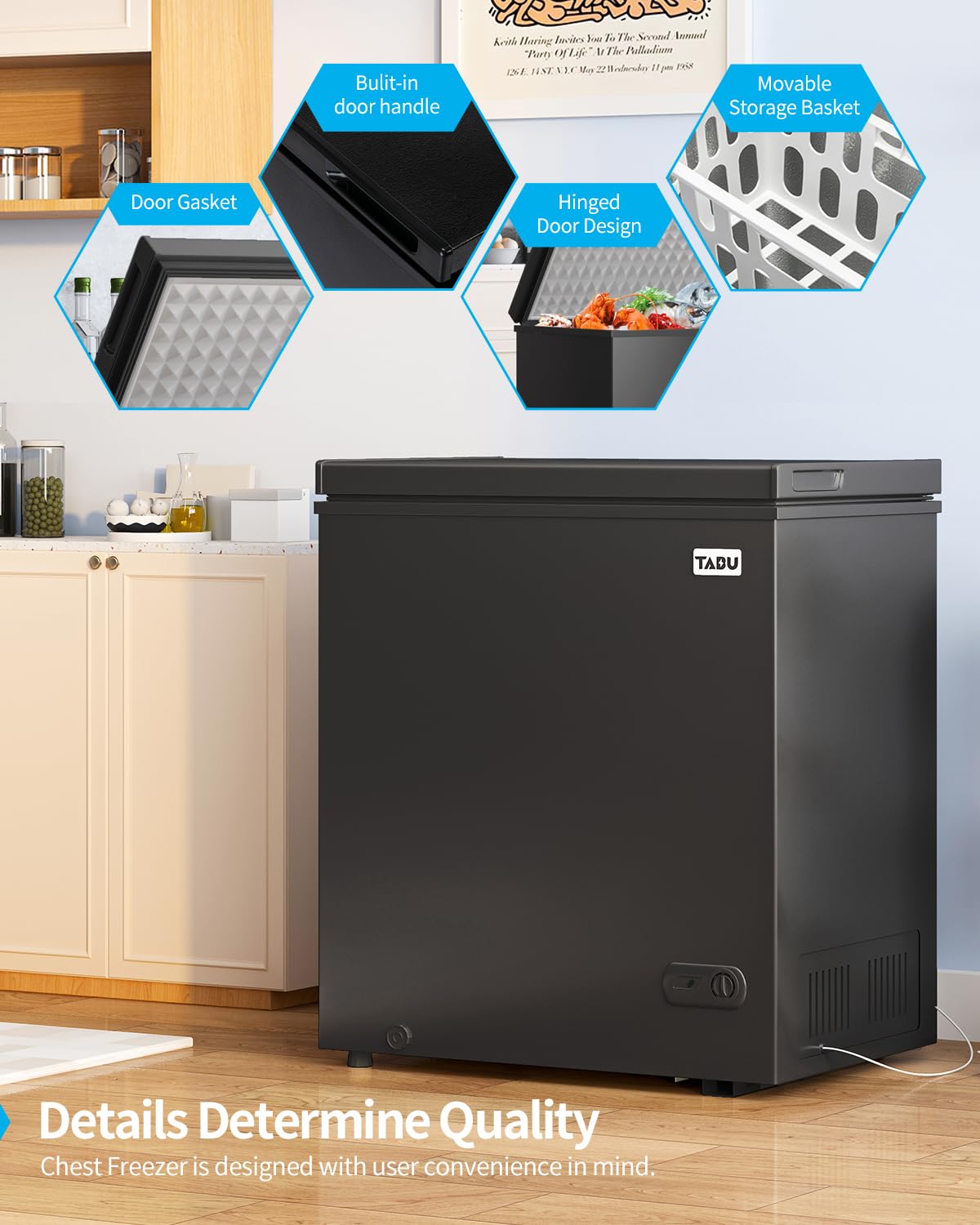 TABU 7.0 Cubic Feet Chest Freezer, Energy Saving Chest Deep Freezer with 7 Level Adjustable Thermostat, Top Opening Compact Freezer with Removable Storage Basket (Black) - CookCave