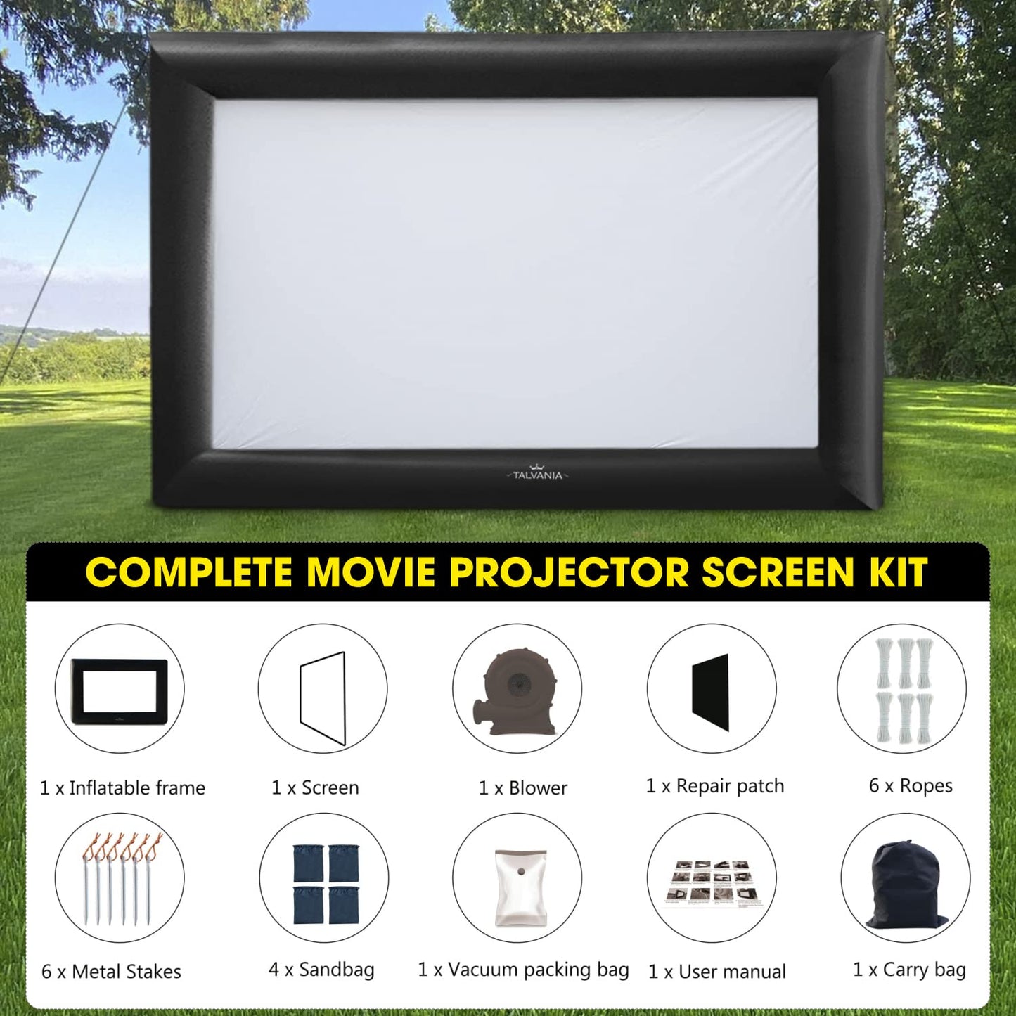 Talvania 30 Feet Inflatable Projector Screen for Outdoor and Indoor TV Movie Watching, Huge Screen, Blower, Tie Downs, Stakes, Sandbags, and Storage Bag, Quick Blow Up (30' Black) - CookCave
