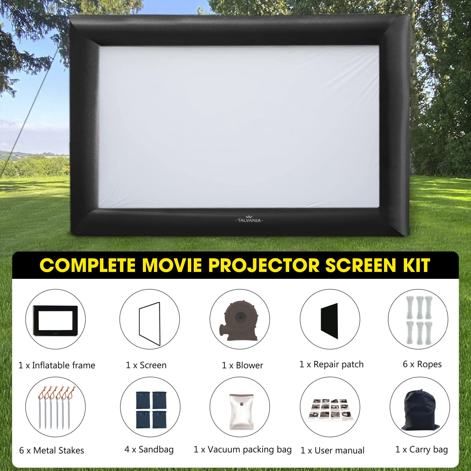 Talvania 30 Feet Inflatable Projector Screen for Outdoor and Indoor TV Movie Watching, Huge Screen, Blower, Tie Downs, Stakes, Sandbags, and Storage Bag, Quick Blow Up (30' Black) - CookCave