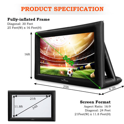 Talvania 30 Feet Inflatable Projector Screen for Outdoor and Indoor TV Movie Watching, Huge Screen, Blower, Tie Downs, Stakes, Sandbags, and Storage Bag, Quick Blow Up (30' Black) - CookCave