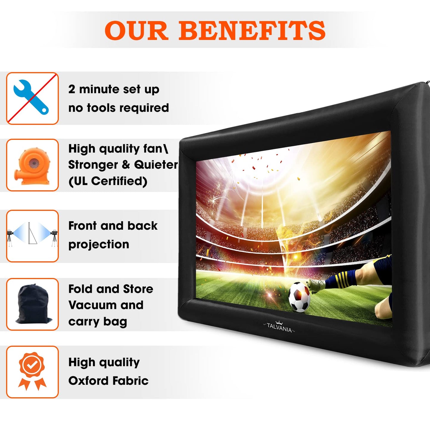 Talvania 30 Feet Inflatable Projector Screen for Outdoor and Indoor TV Movie Watching, Huge Screen, Blower, Tie Downs, Stakes, Sandbags, and Storage Bag, Quick Blow Up (30' Black) - CookCave