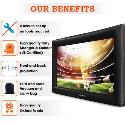 Talvania 30 Feet Inflatable Projector Screen for Outdoor and Indoor TV Movie Watching, Huge Screen, Blower, Tie Downs, Stakes, Sandbags, and Storage Bag, Quick Blow Up (30' Black) - CookCave