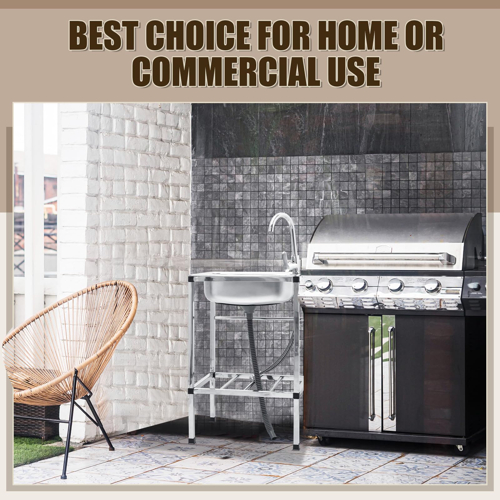 Tandefio Freestanding Outdoor Kitchen Utility Sink Set Stainless Steel Single Bowl Sink Commercial Restaurant Utility Portable Sink for Restaurant Cafe Bar Hotel Garage Laundry Room(Groovy) - CookCave