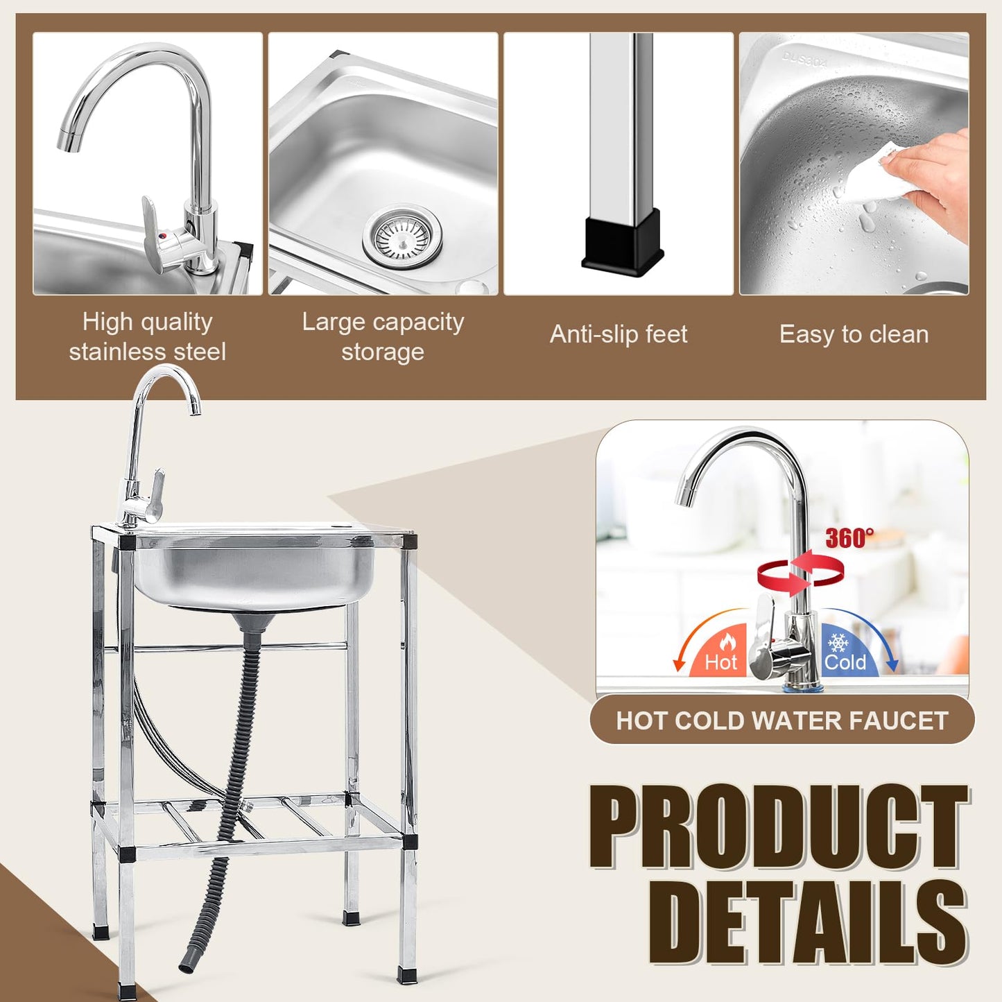 Tandefio Freestanding Outdoor Kitchen Utility Sink Set Stainless Steel Single Bowl Sink Commercial Restaurant Utility Portable Sink for Restaurant Cafe Bar Hotel Garage Laundry Room(Groovy) - CookCave