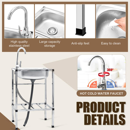 Tandefio Freestanding Outdoor Kitchen Utility Sink Set Stainless Steel Single Bowl Sink Commercial Restaurant Utility Portable Sink for Restaurant Cafe Bar Hotel Garage Laundry Room(Groovy) - CookCave