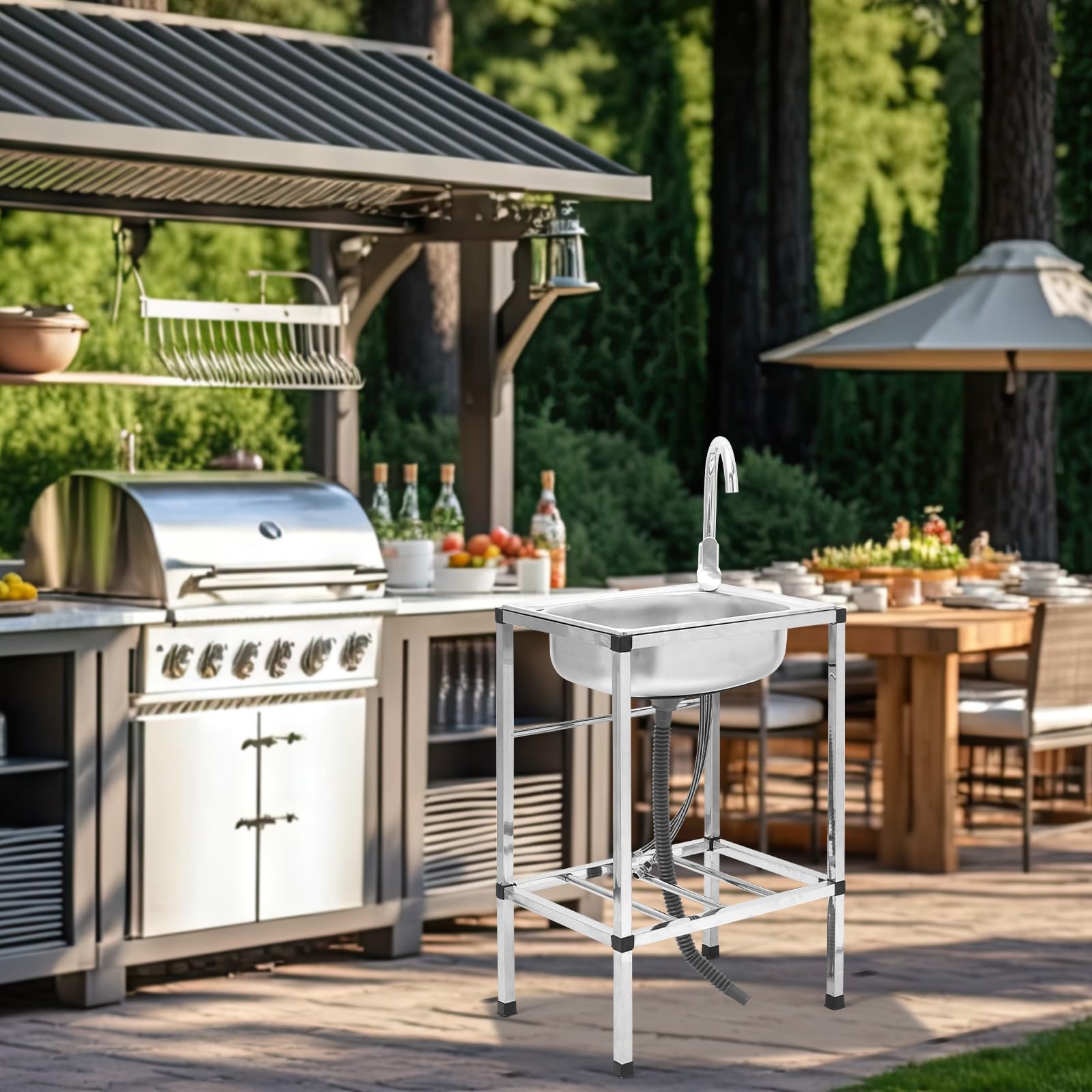 Tandefio Freestanding Outdoor Kitchen Utility Sink Set Stainless Steel Single Bowl Sink Commercial Restaurant Utility Portable Sink for Restaurant Cafe Bar Hotel Garage Laundry Room(Groovy) - CookCave