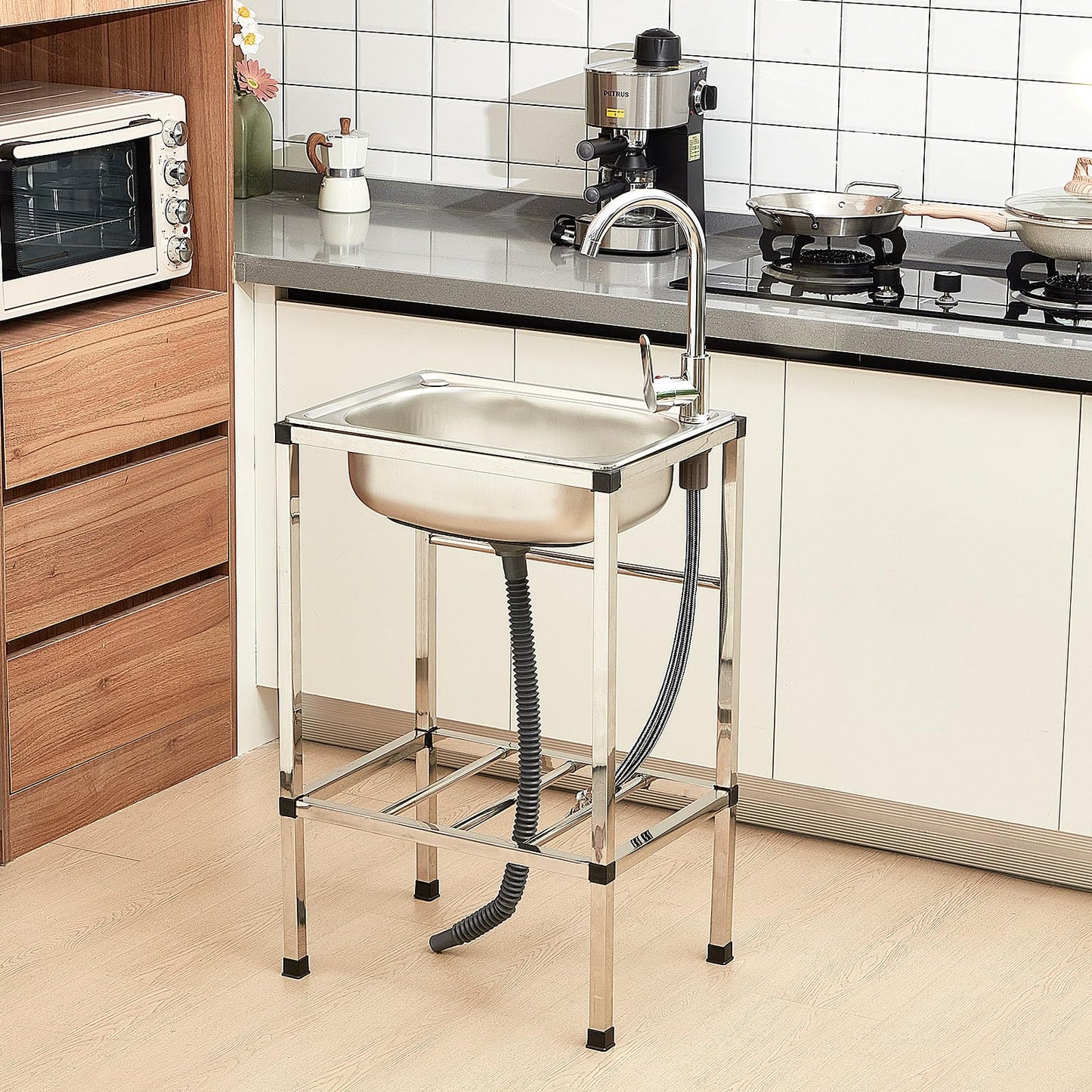 Tandefio Freestanding Outdoor Kitchen Utility Sink Set Stainless Steel Single Bowl Sink Commercial Restaurant Utility Portable Sink for Restaurant Cafe Bar Hotel Garage Laundry Room(Groovy) - CookCave