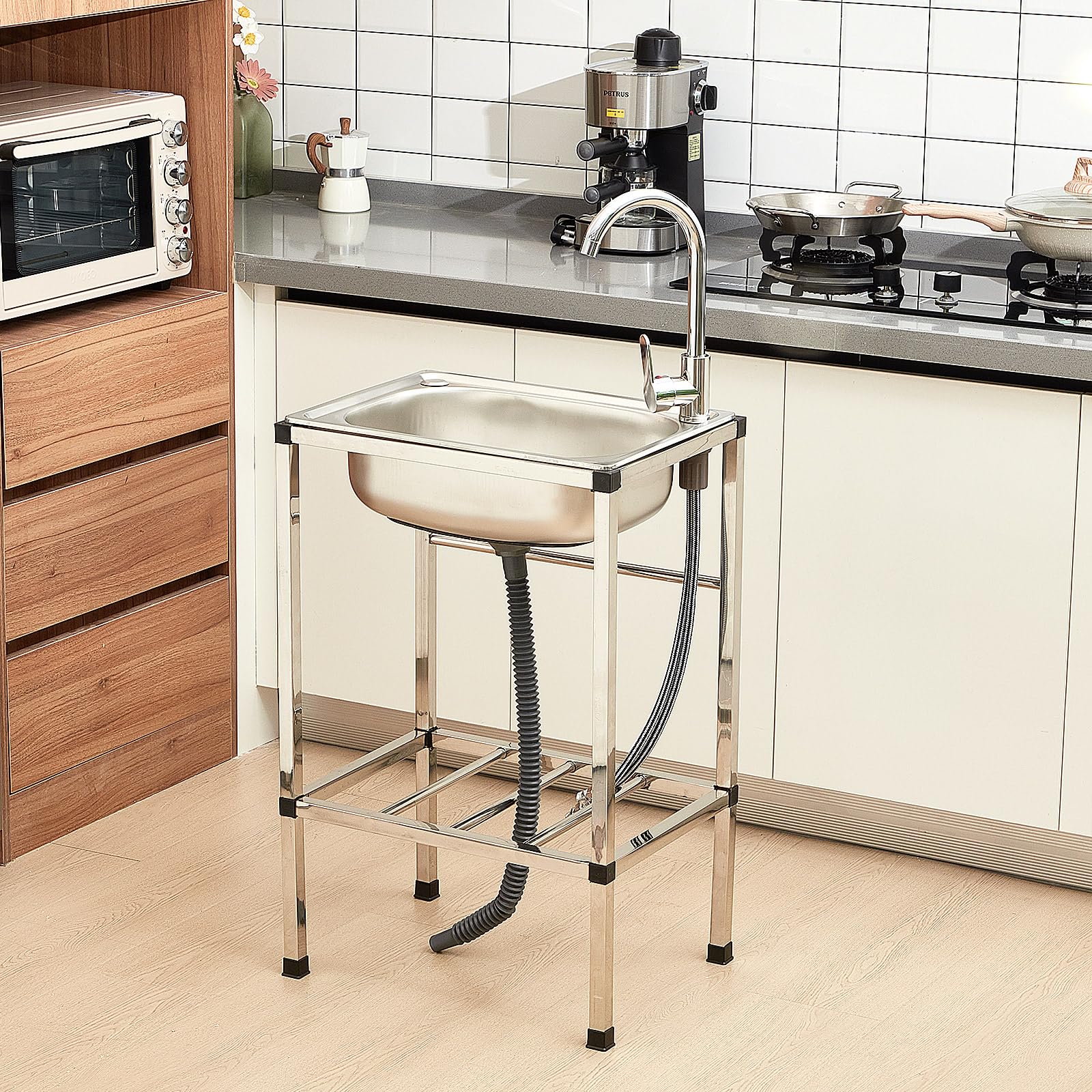Tandefio Freestanding Outdoor Kitchen Utility Sink Set Stainless Steel Single Bowl Sink Commercial Restaurant Utility Portable Sink for Restaurant Cafe Bar Hotel Garage Laundry Room(Groovy) - CookCave