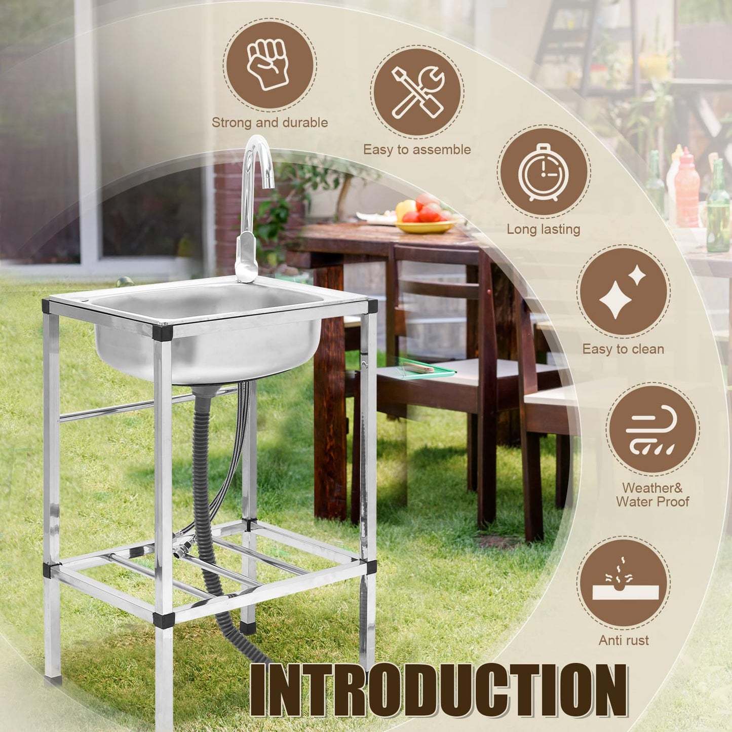 Tandefio Freestanding Outdoor Kitchen Utility Sink Set Stainless Steel Single Bowl Sink Commercial Restaurant Utility Portable Sink for Restaurant Cafe Bar Hotel Garage Laundry Room(Groovy) - CookCave