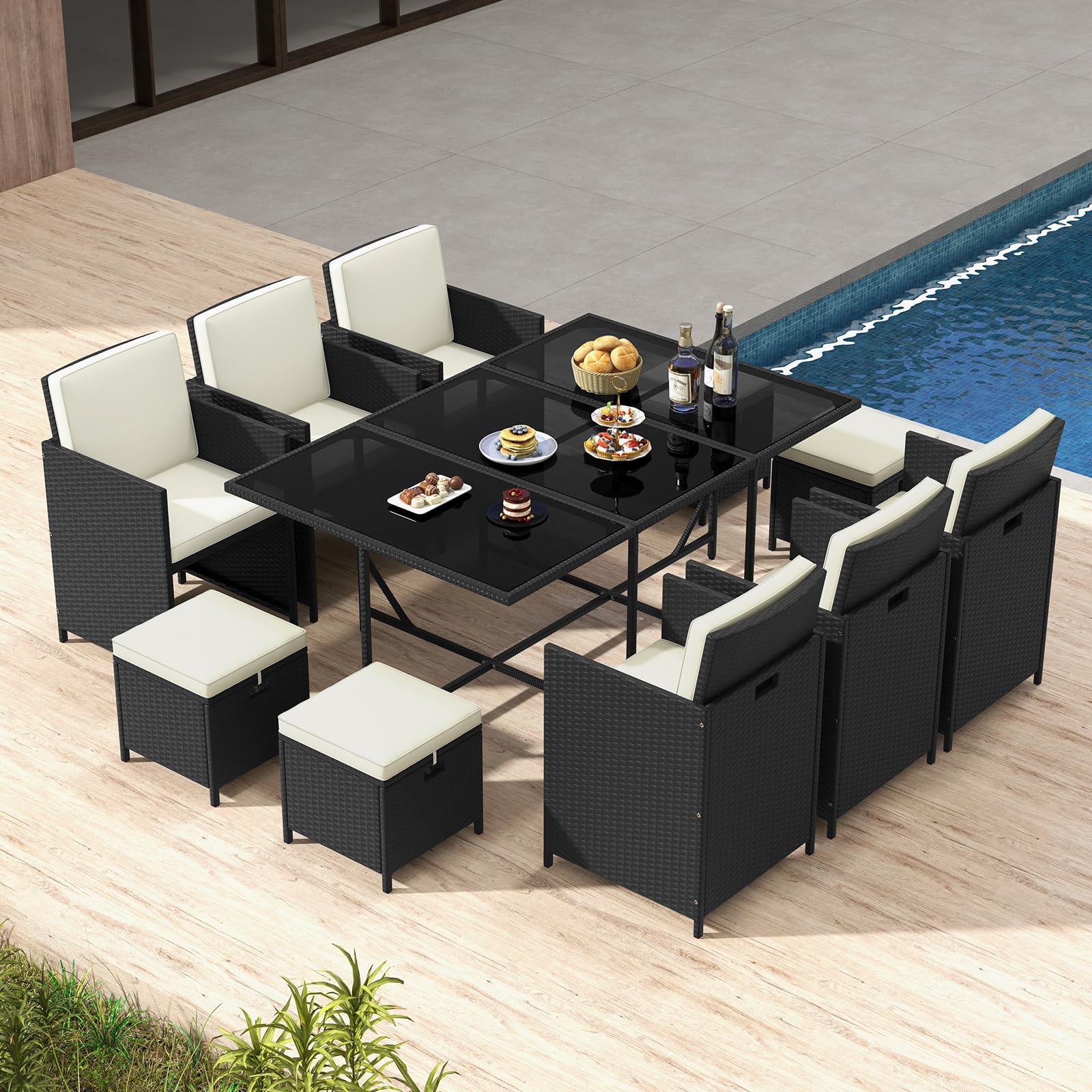 Tangkula 11 Pieces Patio Dining Set, Space-Saving Wicker Chairs & Tempered Glass Table with Ottomans, Thick Soft Cushions, Outdoor Conversation Furniture Set for Garden Yard Poolside - CookCave