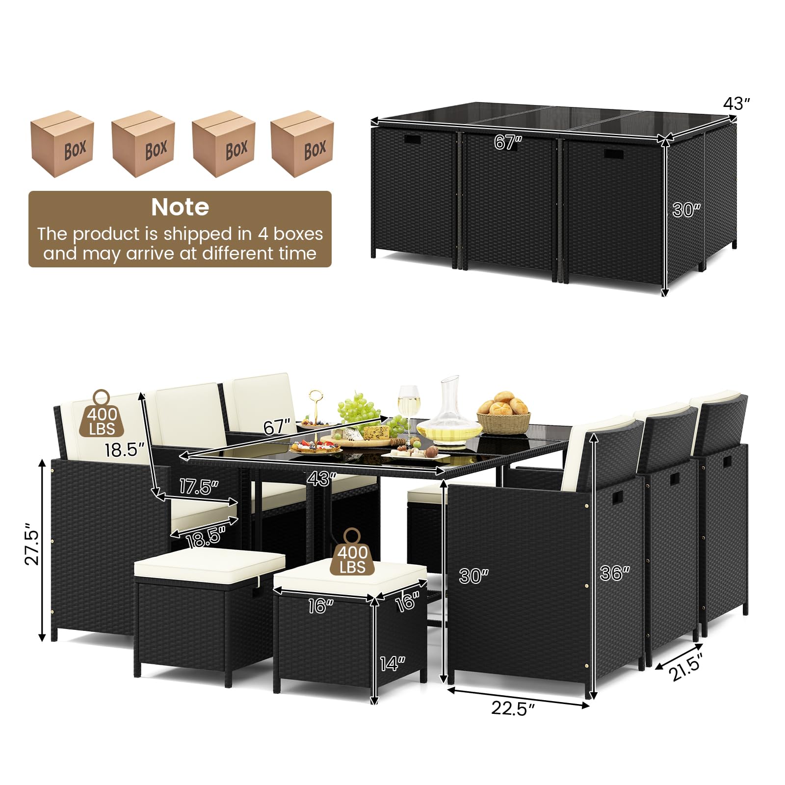 Tangkula 11 Pieces Patio Dining Set, Space-Saving Wicker Chairs & Tempered Glass Table with Ottomans, Thick Soft Cushions, Outdoor Conversation Furniture Set for Garden Yard Poolside - CookCave