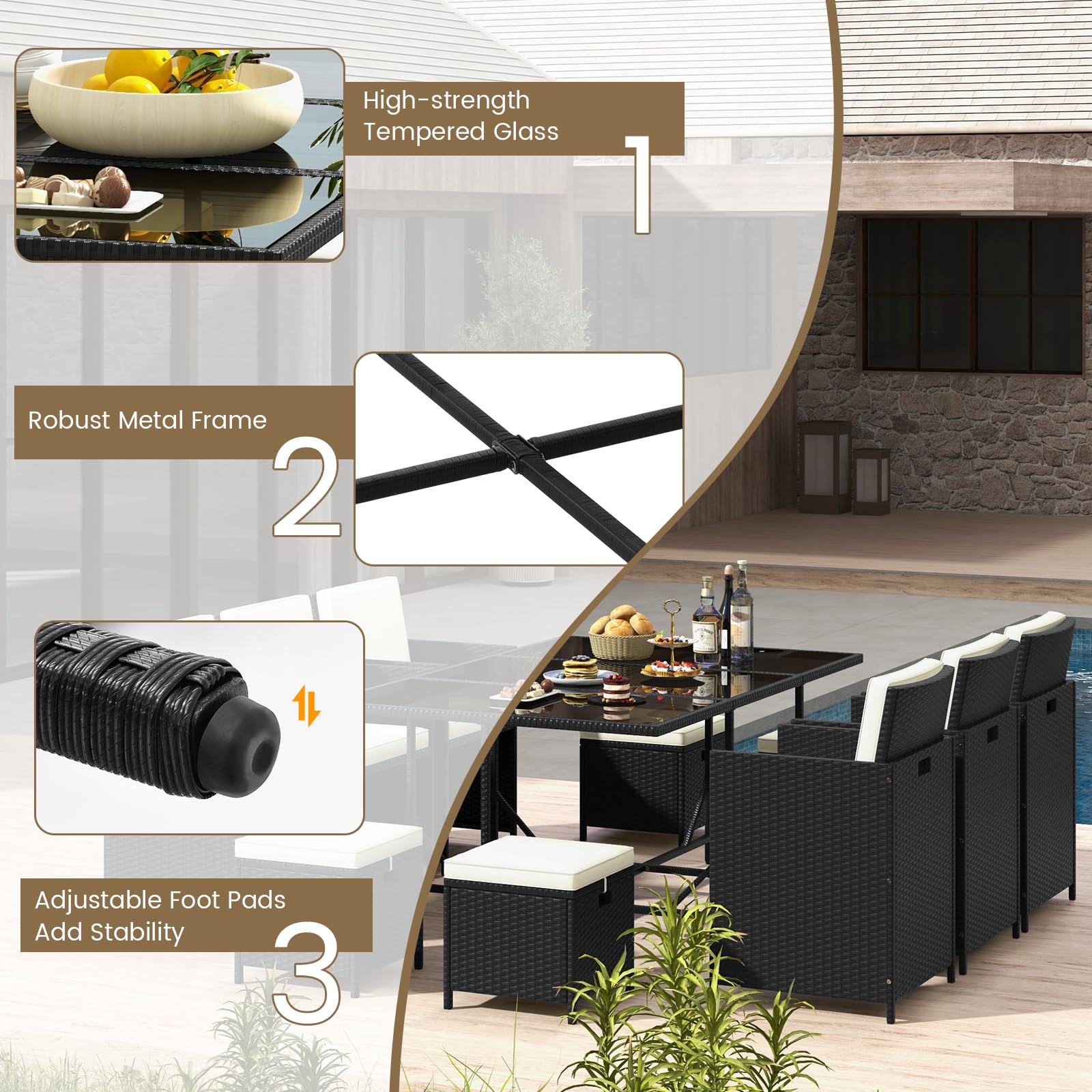 Tangkula 11 Pieces Patio Dining Set, Space-Saving Wicker Chairs & Tempered Glass Table with Ottomans, Thick Soft Cushions, Outdoor Conversation Furniture Set for Garden Yard Poolside - CookCave