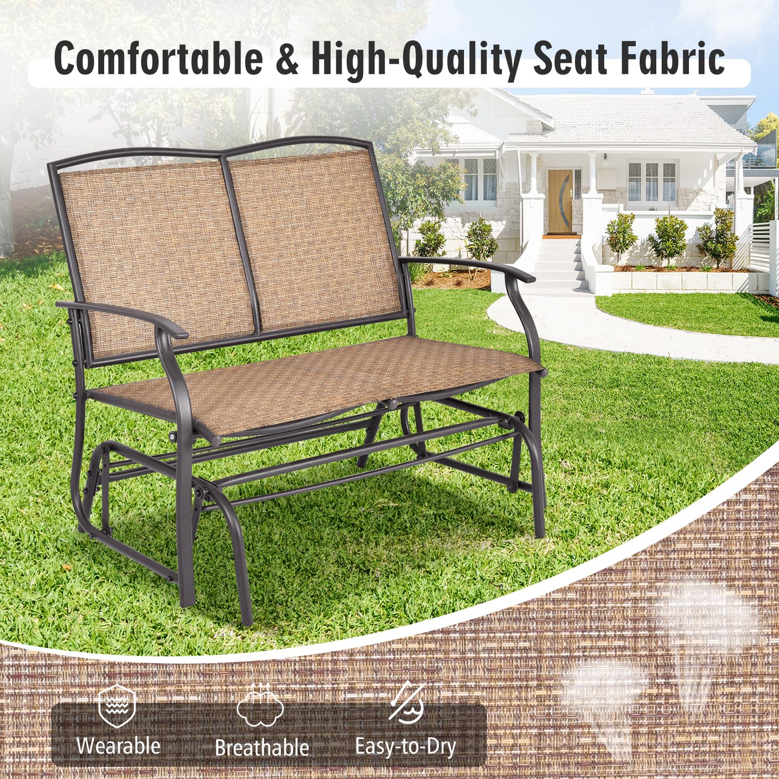 Tangkula 2-Person Patio Glider Bench, Outdoor Rocker Glider Loveseat Chair W/Heavy-Duty Steel Frame, Breathable Seat Fabric, Rocking Lounge Chair for Poolside, Garden, Backyard (Brown) - CookCave