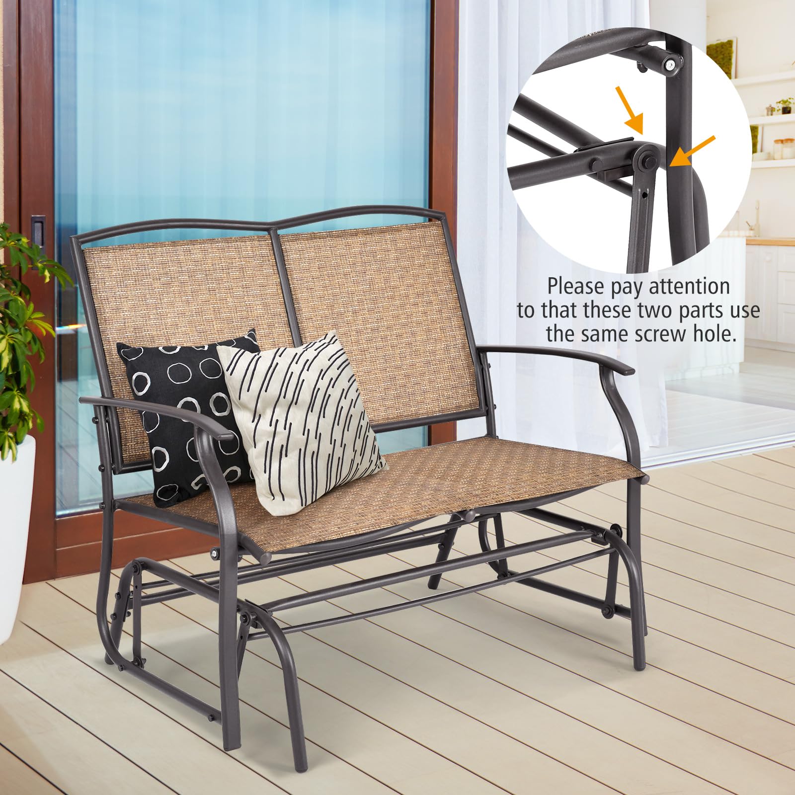 Tangkula 2-Person Patio Glider Bench, Outdoor Rocker Glider Loveseat Chair W/Heavy-Duty Steel Frame, Breathable Seat Fabric, Rocking Lounge Chair for Poolside, Garden, Backyard (Brown) - CookCave