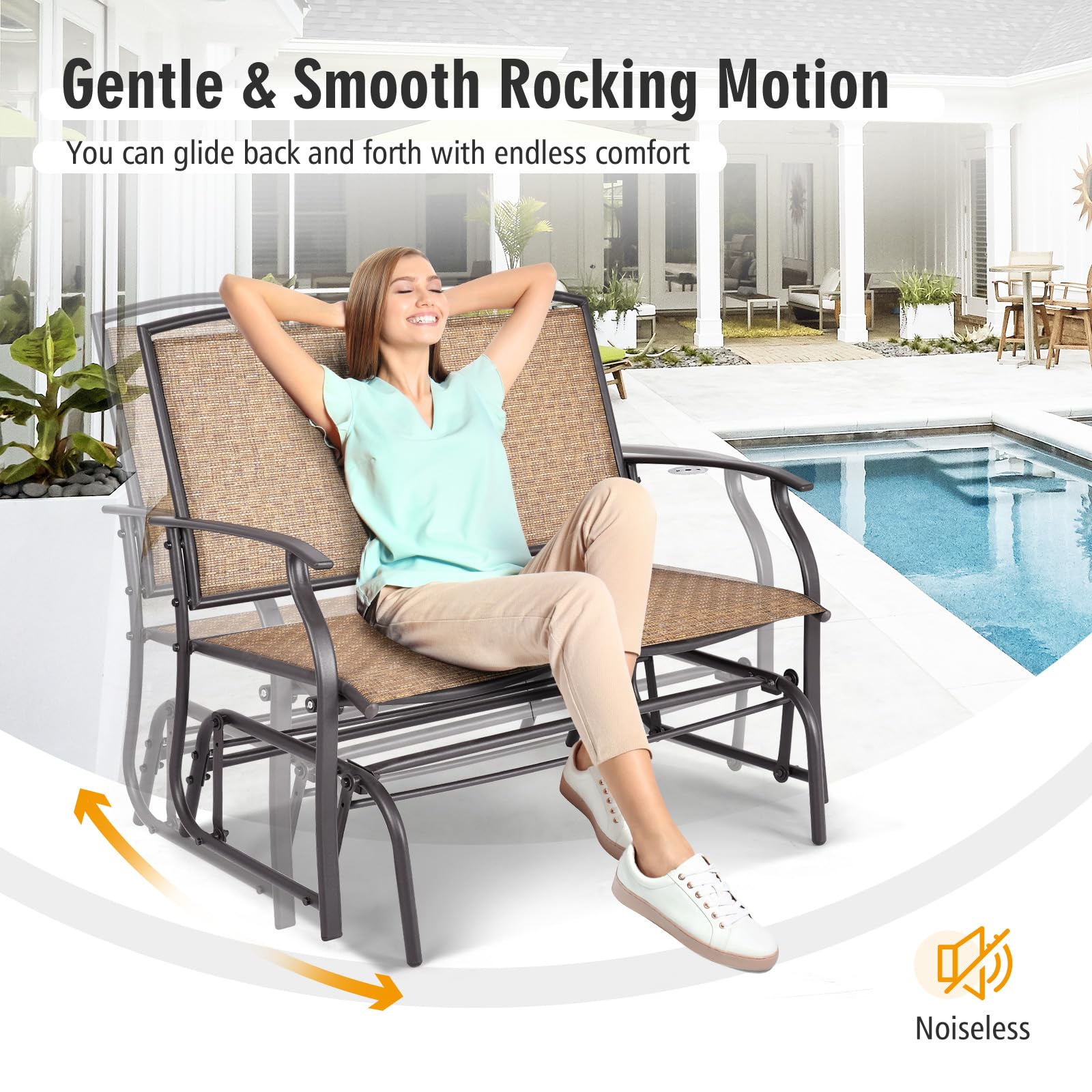 Tangkula 2-Person Patio Glider Bench, Outdoor Rocker Glider Loveseat Chair W/Heavy-Duty Steel Frame, Breathable Seat Fabric, Rocking Lounge Chair for Poolside, Garden, Backyard (Brown) - CookCave
