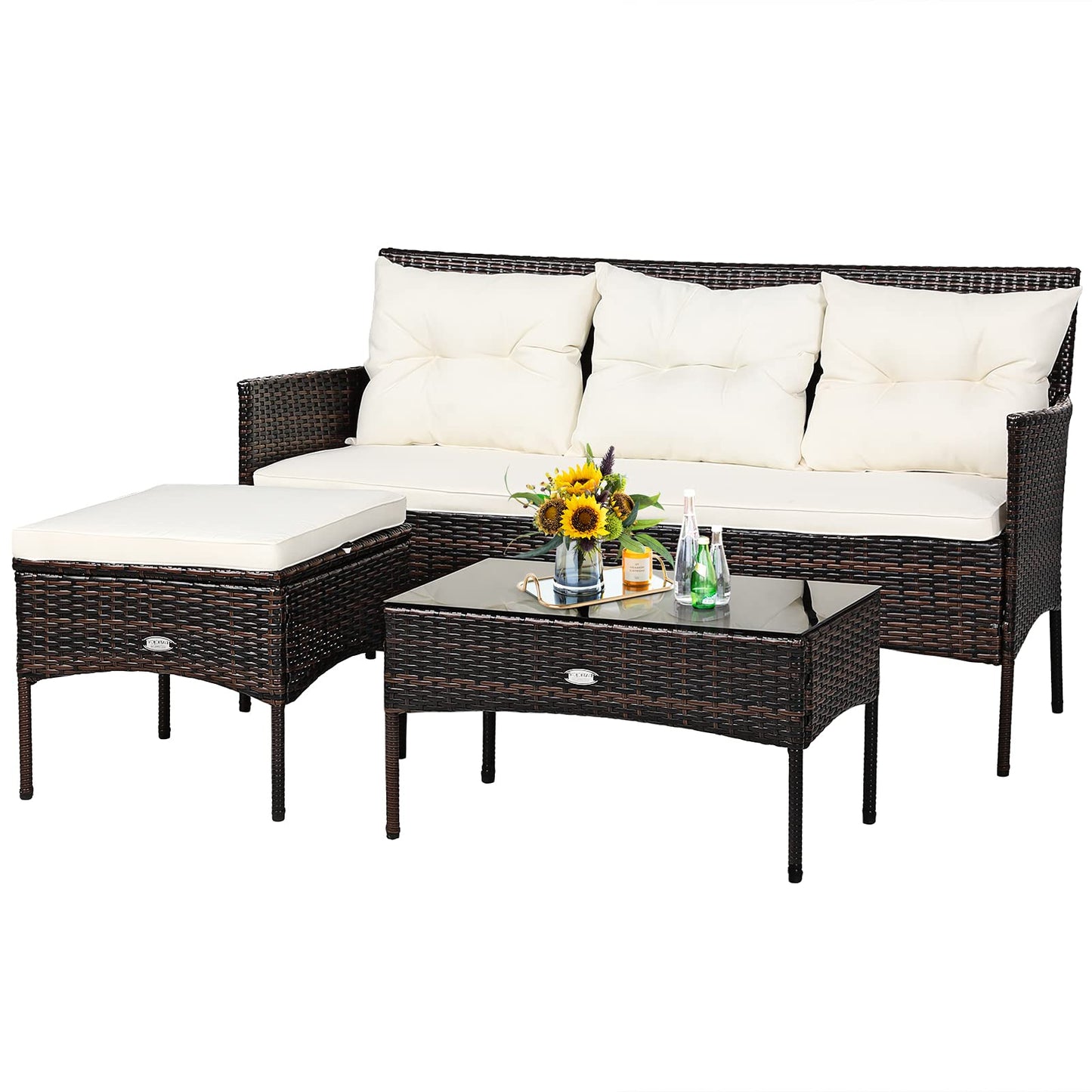 Tangkula 3 Pieces Patio Conversation Set, Outdoor PE Rattan Wicker Furniture Set W/Cozy Cushions, All Weather Sectional Sofa Set W/Tempered Glass Coffee Table for Poolside, Backyard, Garden - CookCave