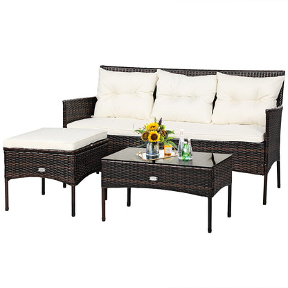 Tangkula 3 Pieces Patio Conversation Set, Outdoor PE Rattan Wicker Furniture Set W/Cozy Cushions, All Weather Sectional Sofa Set W/Tempered Glass Coffee Table for Poolside, Backyard, Garden - CookCave