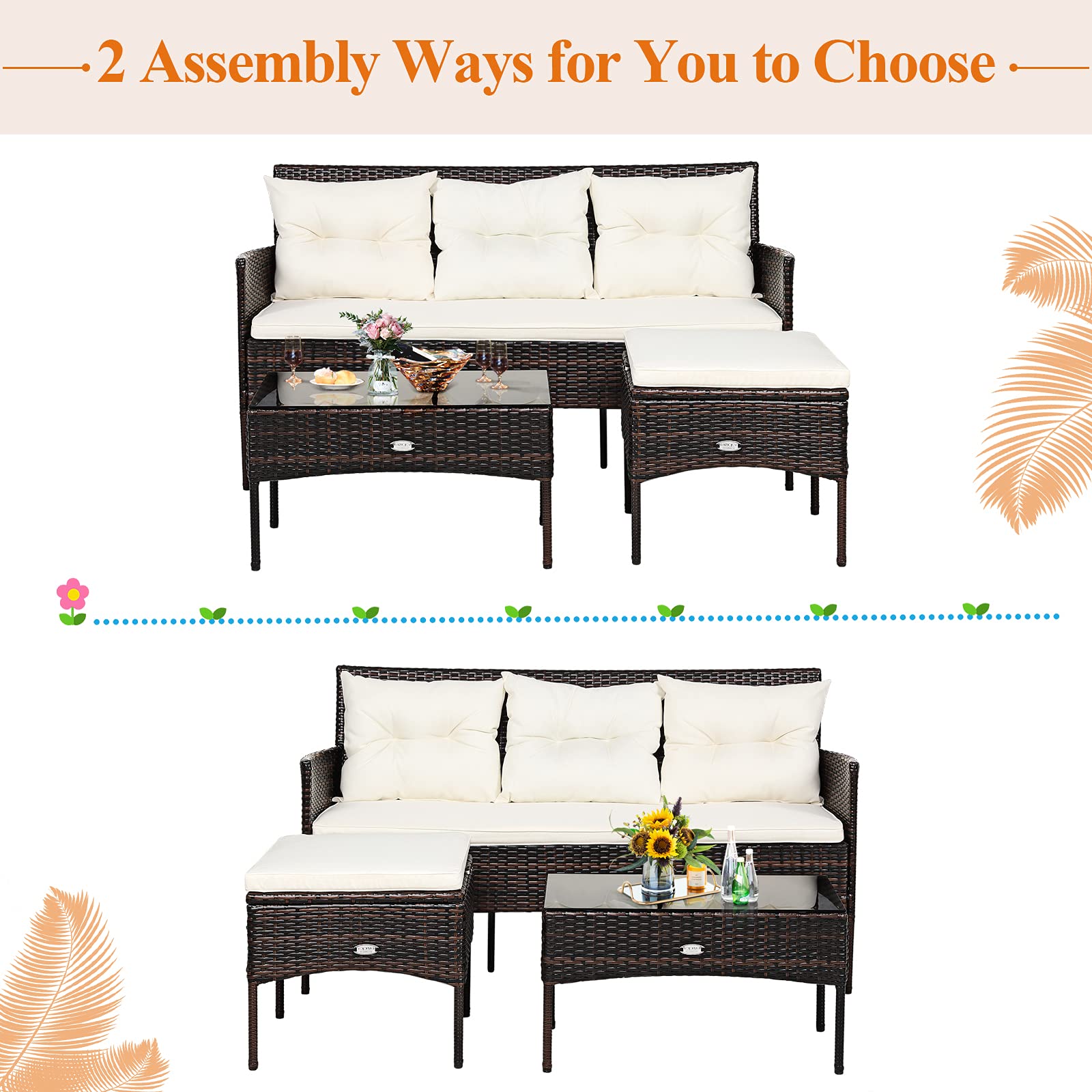 Tangkula 3 Pieces Patio Conversation Set, Outdoor PE Rattan Wicker Furniture Set W/Cozy Cushions, All Weather Sectional Sofa Set W/Tempered Glass Coffee Table for Poolside, Backyard, Garden - CookCave