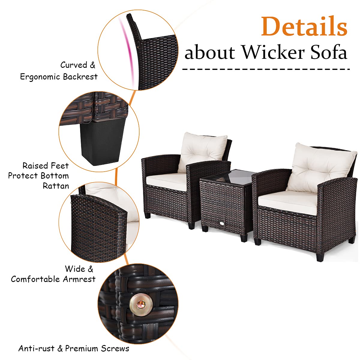 Tangkula 3 Pieces Patio Furniture Set, PE Rattan Wicker 3 Pcs Outdoor Sofa Set w/Washable Cushion and Tempered Glass Tabletop, Conversation Furniture for Garden Poolside Balcony (White) - CookCave