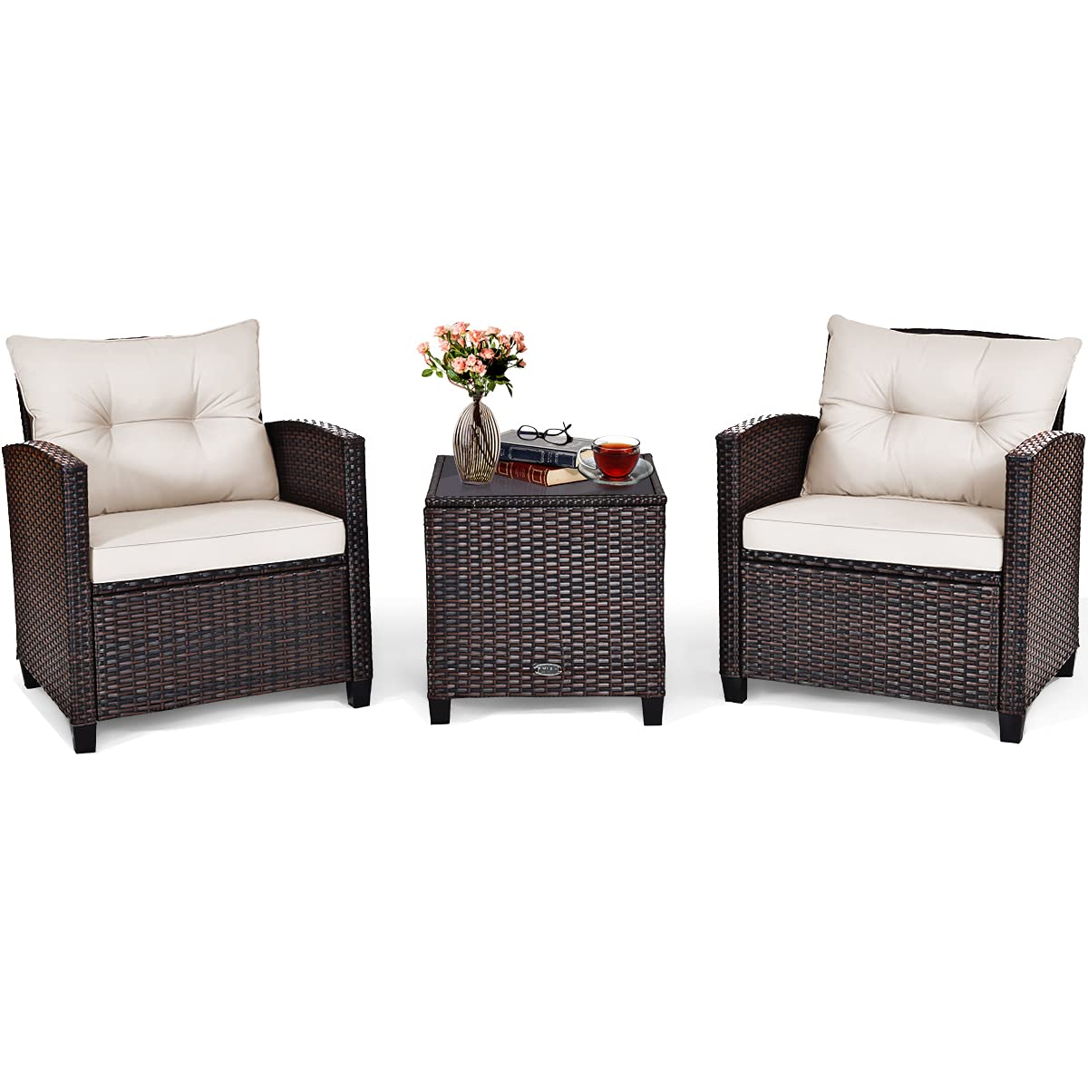 Tangkula 3 Pieces Patio Furniture Set, PE Rattan Wicker 3 Pcs Outdoor Sofa Set w/Washable Cushion and Tempered Glass Tabletop, Conversation Furniture for Garden Poolside Balcony (White) - CookCave