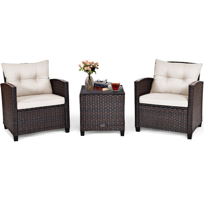 Tangkula 3 Pieces Patio Furniture Set, PE Rattan Wicker 3 Pcs Outdoor Sofa Set w/Washable Cushion and Tempered Glass Tabletop, Conversation Furniture for Garden Poolside Balcony (White) - CookCave