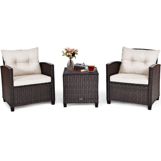 Tangkula 3 Pieces Patio Furniture Set, PE Rattan Wicker 3 Pcs Outdoor Sofa Set w/Washable Cushion and Tempered Glass Tabletop, Conversation Furniture for Garden Poolside Balcony (White) - CookCave