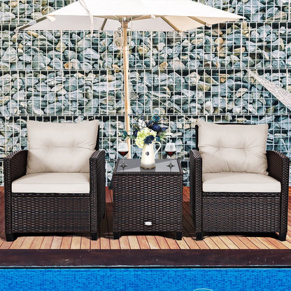 Tangkula 3 Pieces Patio Furniture Set, PE Rattan Wicker 3 Pcs Outdoor Sofa Set w/Washable Cushion and Tempered Glass Tabletop, Conversation Furniture for Garden Poolside Balcony (White) - CookCave