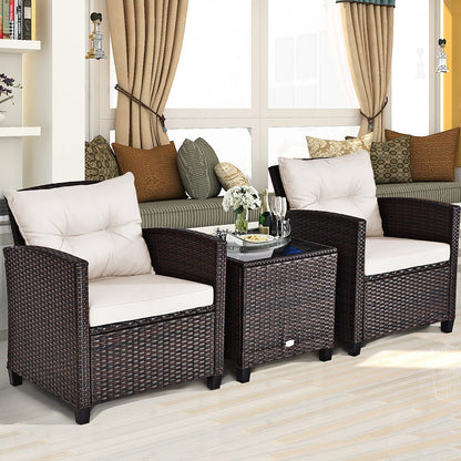 Tangkula 3 Pieces Patio Furniture Set, PE Rattan Wicker 3 Pcs Outdoor Sofa Set w/Washable Cushion and Tempered Glass Tabletop, Conversation Furniture for Garden Poolside Balcony (White) - CookCave