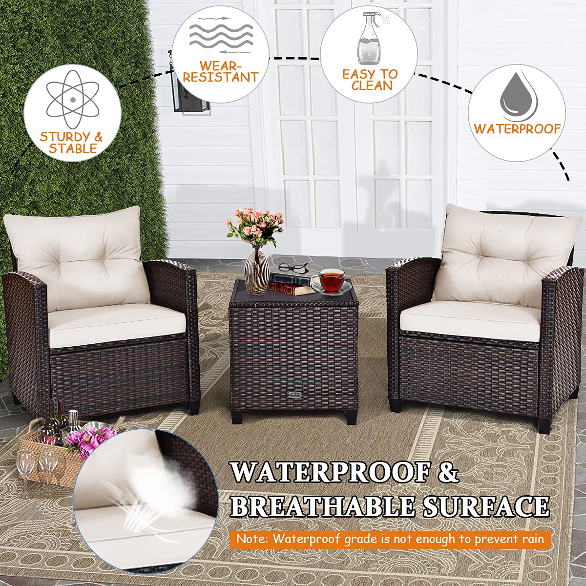 Tangkula 3 Pieces Patio Furniture Set, PE Rattan Wicker 3 Pcs Outdoor Sofa Set w/Washable Cushion and Tempered Glass Tabletop, Conversation Furniture for Garden Poolside Balcony (White) - CookCave