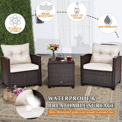 Tangkula 3 Pieces Patio Furniture Set, PE Rattan Wicker 3 Pcs Outdoor Sofa Set w/Washable Cushion and Tempered Glass Tabletop, Conversation Furniture for Garden Poolside Balcony (White) - CookCave