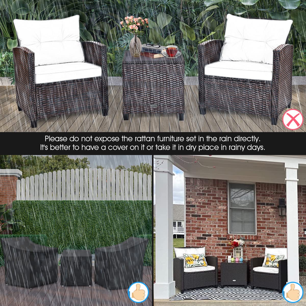 Tangkula 3 Pieces Patio Furniture Set, PE Rattan Wicker 3 Pcs Outdoor Sofa Set w/Washable Cushion and Tempered Glass Tabletop, Conversation Furniture for Garden Poolside Balcony (White) - CookCave