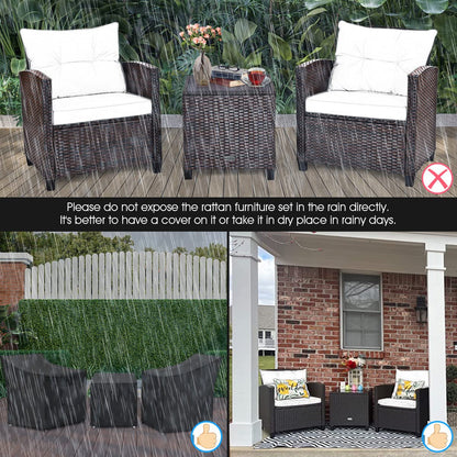 Tangkula 3 Pieces Patio Furniture Set, PE Rattan Wicker 3 Pcs Outdoor Sofa Set w/Washable Cushion and Tempered Glass Tabletop, Conversation Furniture for Garden Poolside Balcony (White) - CookCave