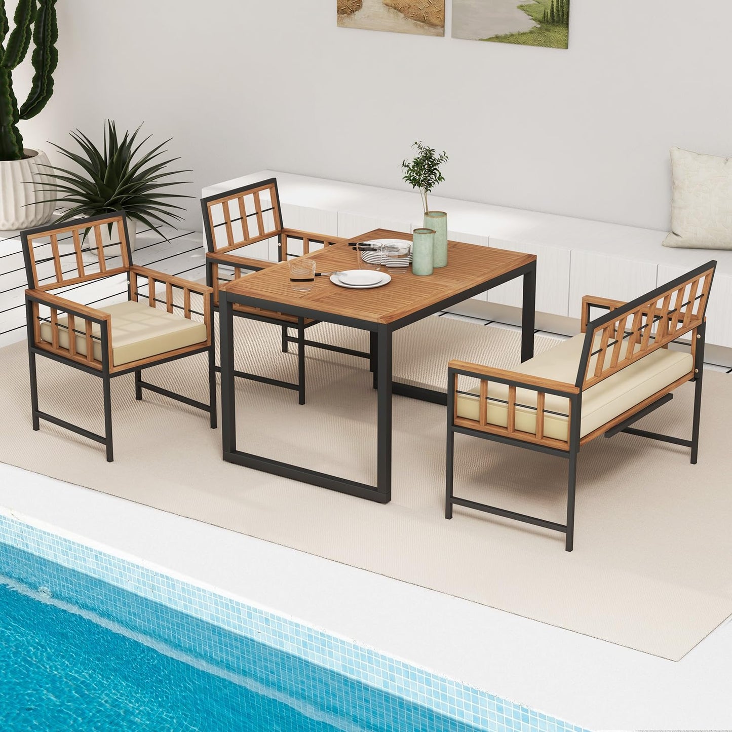 Tangkula 4 Piece Patio Dining Set, Outdoor Wood Dining Furniture W/ 2 Chairs & 1 Loveseat, 47” Acacia Wood Table W/Umbrella Hole, Cozy Seat Cushions, Outside Furniture Set for Backyard, Poolside - CookCave