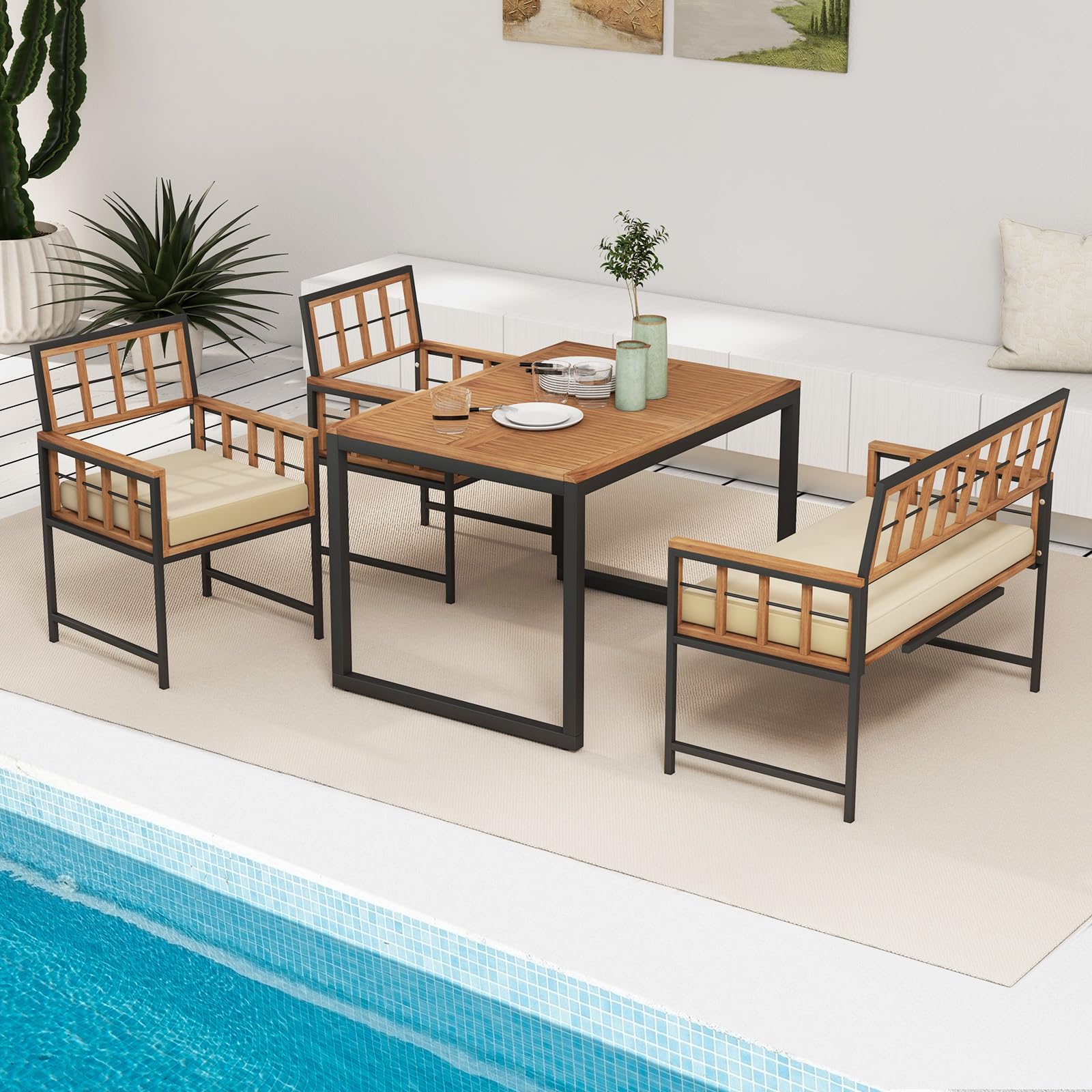 Tangkula 4 Piece Patio Dining Set, Outdoor Wood Dining Furniture W/ 2 Chairs & 1 Loveseat, 47” Acacia Wood Table W/Umbrella Hole, Cozy Seat Cushions, Outside Furniture Set for Backyard, Poolside - CookCave