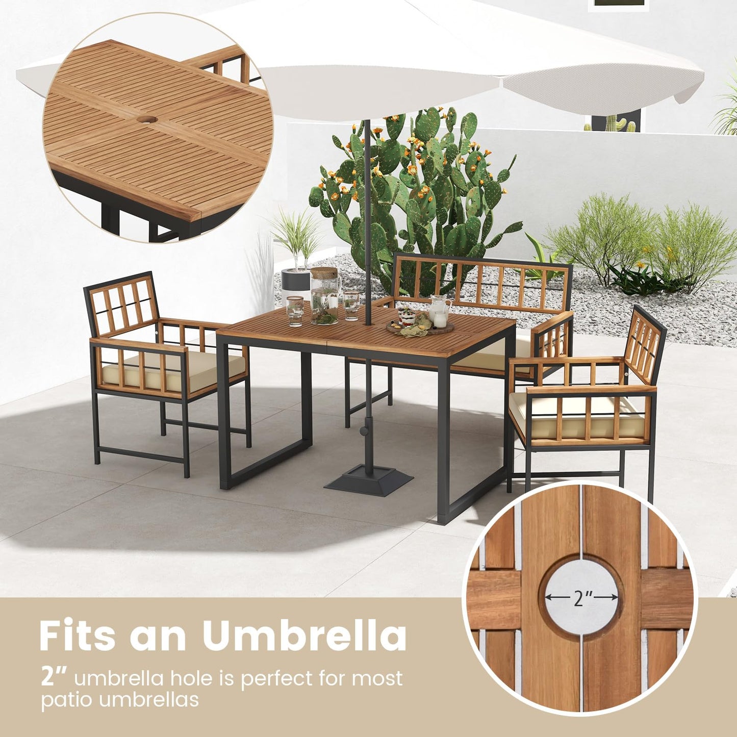 Tangkula 4 Piece Patio Dining Set, Outdoor Wood Dining Furniture W/ 2 Chairs & 1 Loveseat, 47” Acacia Wood Table W/Umbrella Hole, Cozy Seat Cushions, Outside Furniture Set for Backyard, Poolside - CookCave