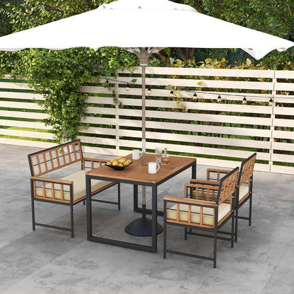 Tangkula 4 Piece Patio Dining Set, Outdoor Wood Dining Furniture W/ 2 Chairs & 1 Loveseat, 47” Acacia Wood Table W/Umbrella Hole, Cozy Seat Cushions, Outside Furniture Set for Backyard, Poolside - CookCave