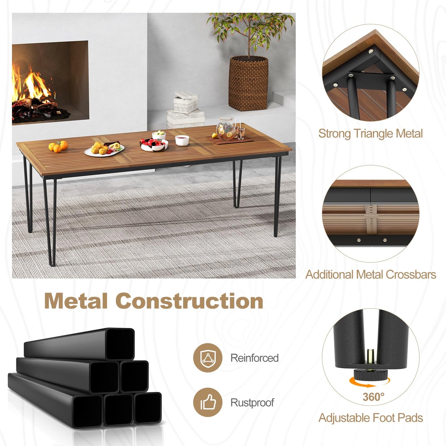 Tangkula 79 Inch Outdoor Dining Table, 8-Person Patio Table with 1.9 Inch Umbrella Hole, Metal Legs & Adjustable Foot Pads, Indoor Rectangular Bistro Table for Garden, Poolside & Park - CookCave