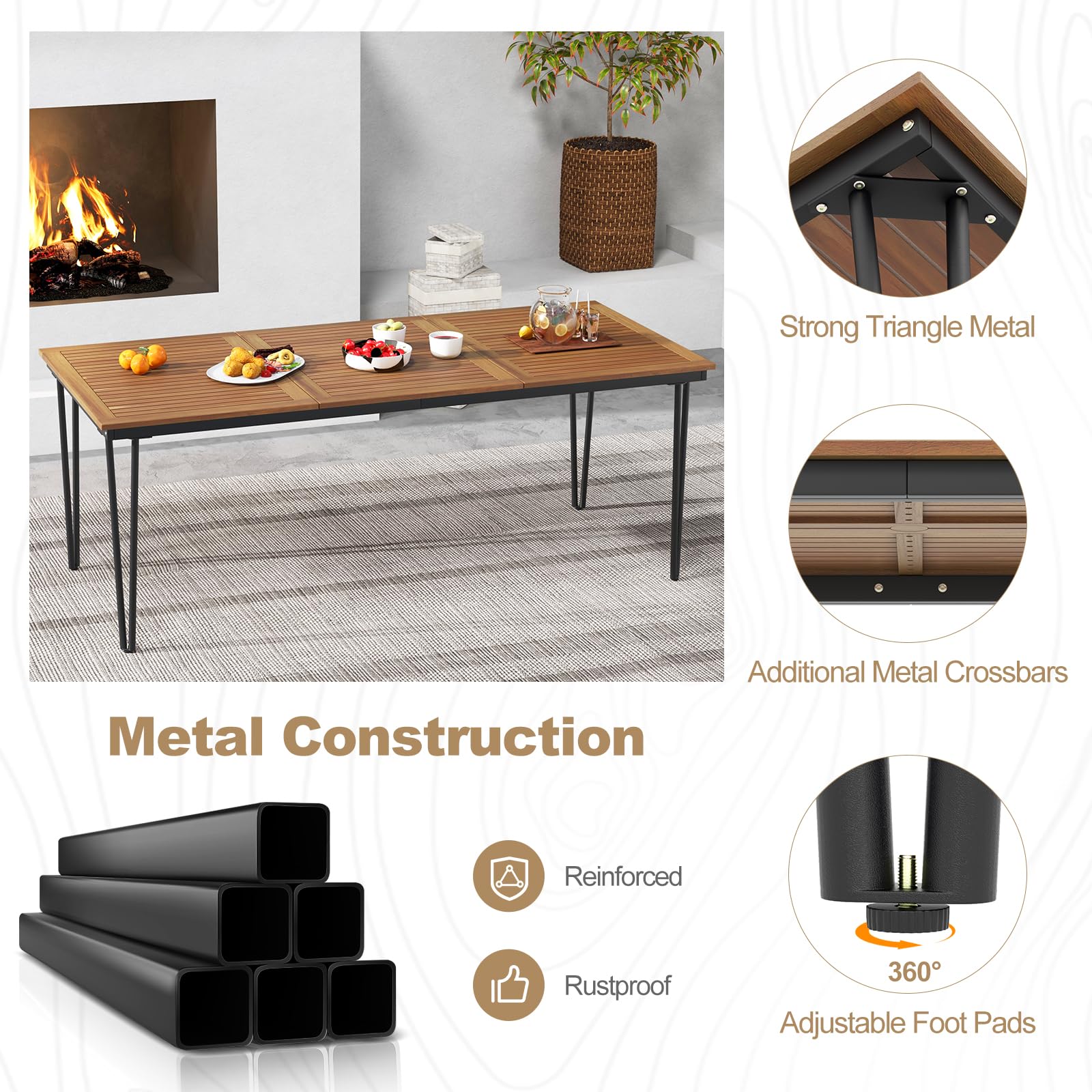 Tangkula 79 Inch Outdoor Dining Table, 8-Person Patio Table with 1.9 Inch Umbrella Hole, Metal Legs & Adjustable Foot Pads, Indoor Rectangular Bistro Table for Garden, Poolside & Park - CookCave