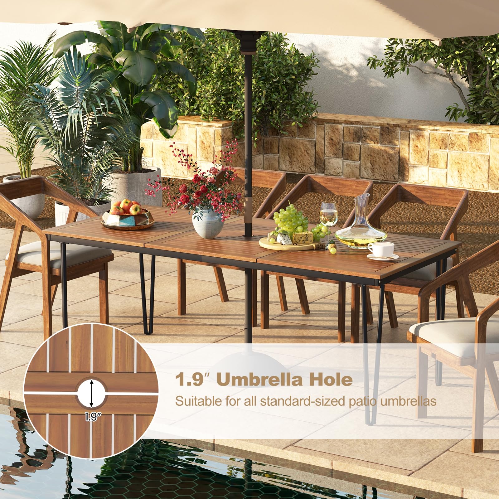 Tangkula 79 Inch Outdoor Dining Table, 8-Person Patio Table with 1.9 Inch Umbrella Hole, Metal Legs & Adjustable Foot Pads, Indoor Rectangular Bistro Table for Garden, Poolside & Park - CookCave
