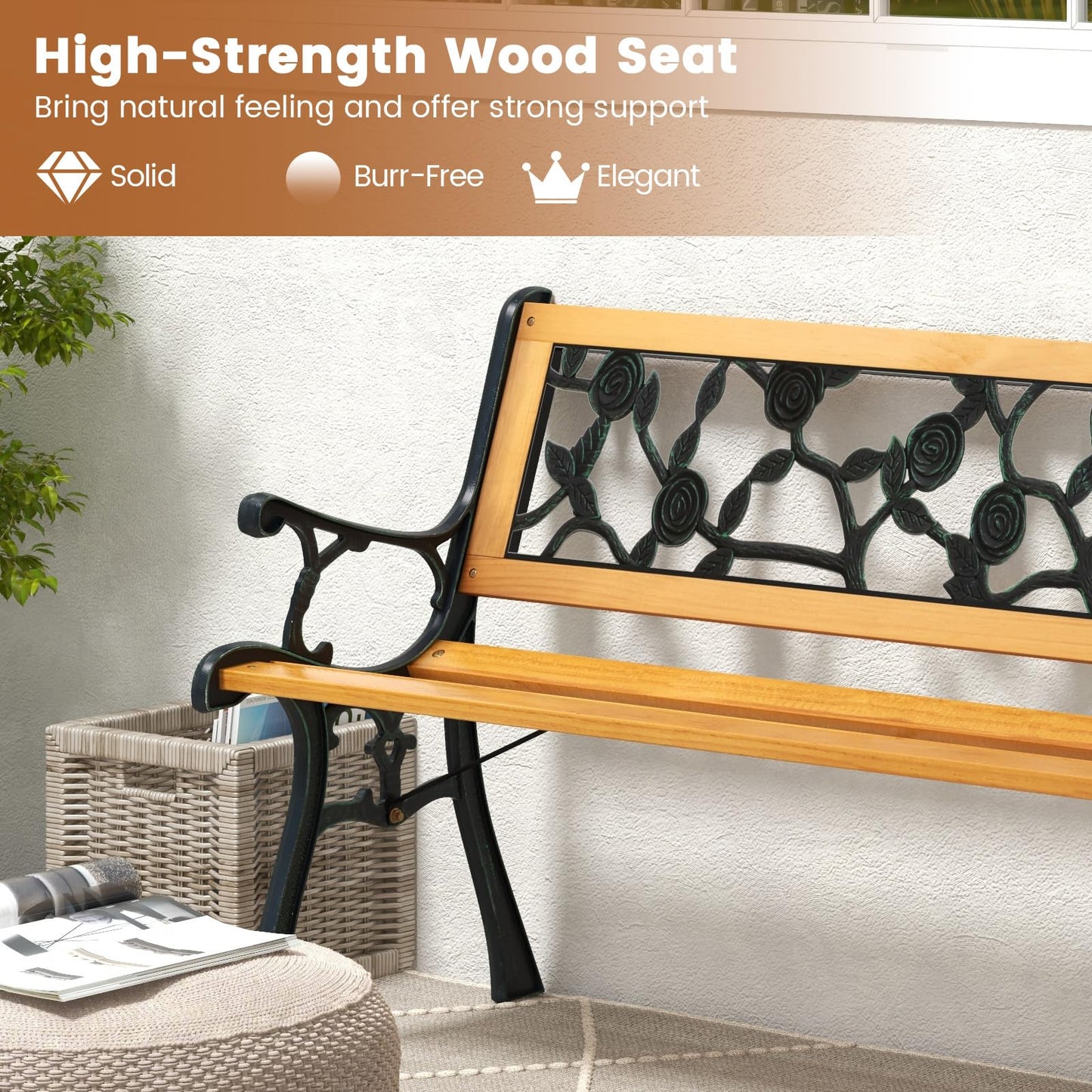 Tangkula Outdoor Garden Bench Park Bench, Patio Iron Bench Chair with Cast Iron & Hardwood Structure, Weather Proof Porch Loveseat, Perfect for Backyard, Deck, Lawn, Poolside - CookCave
