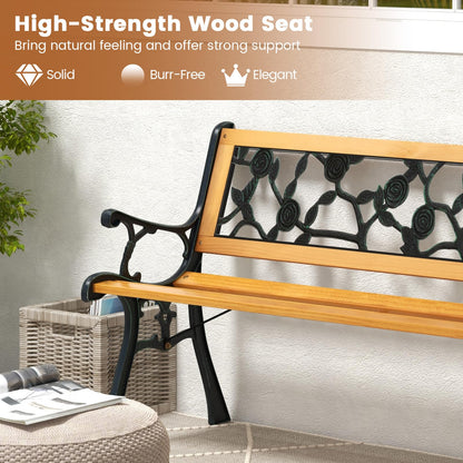 Tangkula Outdoor Garden Bench Park Bench, Patio Iron Bench Chair with Cast Iron & Hardwood Structure, Weather Proof Porch Loveseat, Perfect for Backyard, Deck, Lawn, Poolside - CookCave